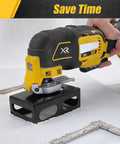 Square Slot Cutter For DeWalt 20V And Milwaukee M18 Oscillating Multi-Tool in action on drywall, creating precise outlet cut-outs.