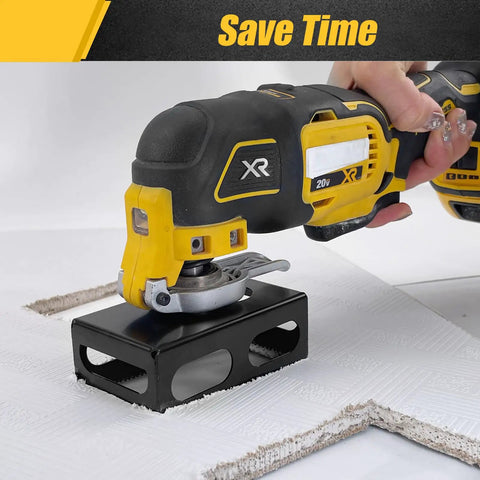 Square Slot Cutter For DeWalt 20V And Milwaukee M18 Oscillating Multi-Tool in action on drywall, creating precise outlet cut-outs.