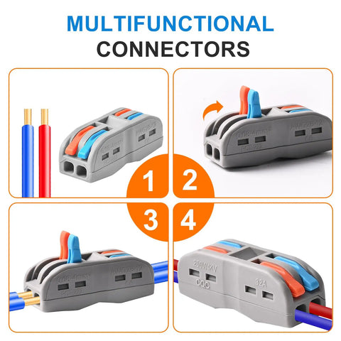 Lever Nut Wire Connectors Kit 50Pcs 2 Conductor 2 In 2 Out Inline Splices with levers for 28-12 AWG wires in use.