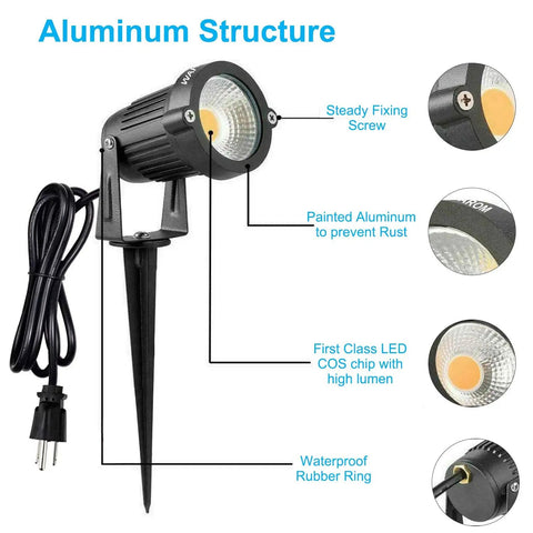 All Metal Landscape Outdoor Spotlights Waterproof IP65 5W 120V Yard Flood Light With Ground Stake 3200K Warm White details