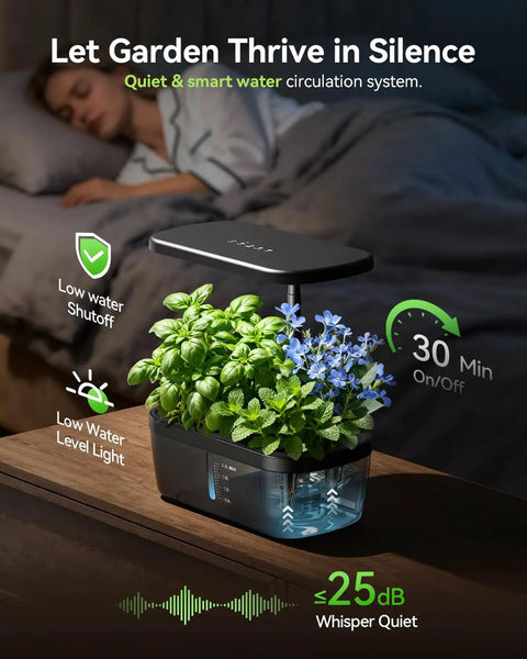 Six Pod Indoor Hydroponics Garden System With LED Grow Light Auto Timer Height Adjustable Stand Quiet Pump For Fresh Herbs All Year Long Easy Soil Free Kitchen Garden Gift For Mom on table next to sleeping woman