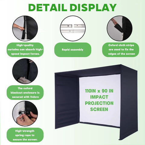 Golf Simulator Enclosure With Double-Layer Silent HD Impact Screen And Side Barriers, detail display with features like high-quality curtains and Velcro closure, 10 by 8 ft hitting cage frame.