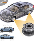 Two Front And Rear Wheel Hub Bearing Assemblies 513253 Direct Replacement Kit For VW Beetle Golf Jetta Passat Tiguan And Audi A3 Q3 TT Quattro Models Fits OEM Specs Plug In Ready Install Durable And Reliable Wheel Hub Solution displayed with car diagram.