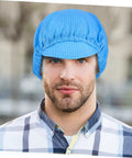 Top Shelf Anti Static Work Cap Set Slick Blue Protective Hats For Cleanrooms Industrial Workshops Factory Floors on a man.