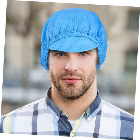 Top Shelf Anti Static Work Cap Set Slick Blue Protective Hats For Cleanrooms Industrial Workshops Factory Floors on a man.