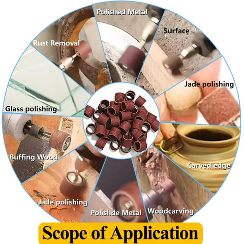 Turn Your Workbench Grind Level Up With This Slick 400 Grit Sanding Drum Kit showing various applications like rust removal, jade polishing, and glass polishing.