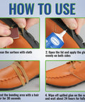 Instruction steps for using Slow Dry Shoe Glue For Sole Repair Pro Grade Waterproof Clear Adhesive on leather shoe.
