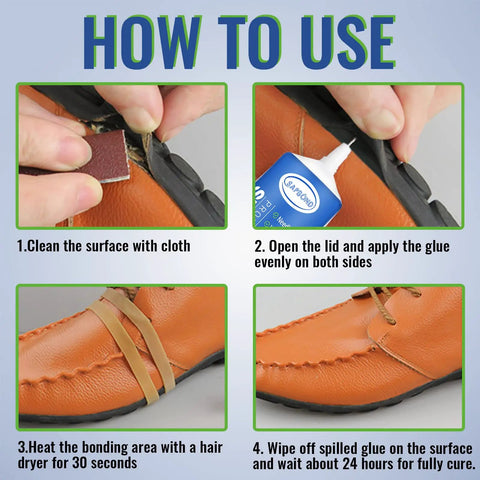 Instruction steps for using Slow Dry Shoe Glue For Sole Repair Pro Grade Waterproof Clear Adhesive on leather shoe.