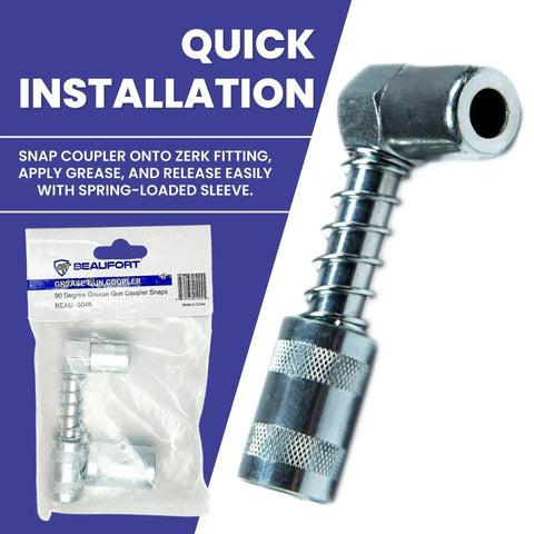 90 Degree Grease Gun Coupler Snaps Onto Fittings In Tight Spaces For Hassle Free High Pressure Grease Application With Easy To Use Flexible Hose Or Rigid Extensions