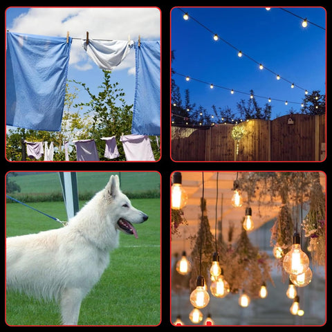 Collage of outdoor scenes: clothesline with laundry, patio with string lights, white dog on grass, and decorative hanging lights.