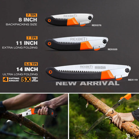 Three folding saws displayed with 8, 11, and 14 inch blades, including Folding Saw For Backpacking And Camping With A 14 Inch Blade.
