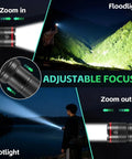 Six Pack Rechargeable LED Flashlights With High Lumen Output showing adjustable focus, spotlight, and floodlight modes outdoors.