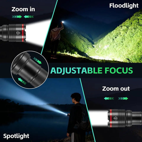 Six Pack Rechargeable LED Flashlights With High Lumen Output showing adjustable focus, spotlight, and floodlight modes outdoors.