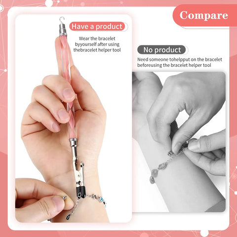 Person using 2 In 1 Bracelet Helper Tool for self on quick release jewelry clasp assist bracelet and necklace fastener with hidden hook anti scratch clip 197mm extended design for all hand sizes.