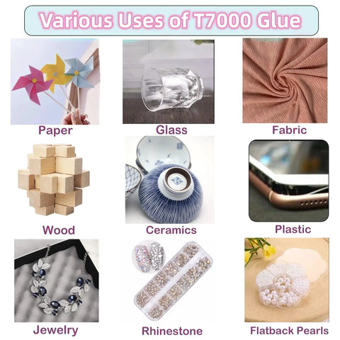 Various uses of T7000 glue on paper, glass, fabric, wood, ceramics, plastic, jewelry, rhinestone, and flatback pearls
