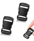 Three Pack 1 Inch Inner Diameter Plastic Buckles Dual Release For Backpacks shown in black with adjustable side clips