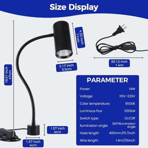 Pro Grade Ultra Bright 14W Magnetic LED Work Light With Flexible Gooseneck And Magnetic Base for size and specifications display