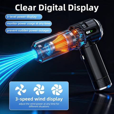 Powerful 25000Pa Cordless Handheld Car Vacuum With Cyclonic Suction And Digital Display showing power status and wind levels