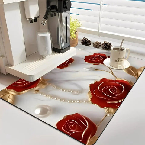 Absorbent Coffee Machine Mat for Countertop with Non Slip Surface, 11.8x17.7 Inches in floral design under coffee maker