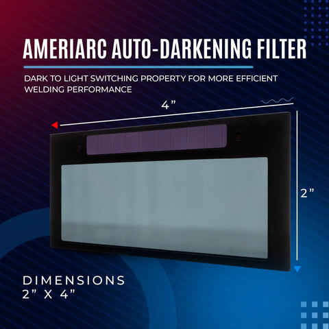 Auto Darkening 2x4 Welding Lens Shade 10 for Most Helmets, showing dimensions and auto-darkening feature.