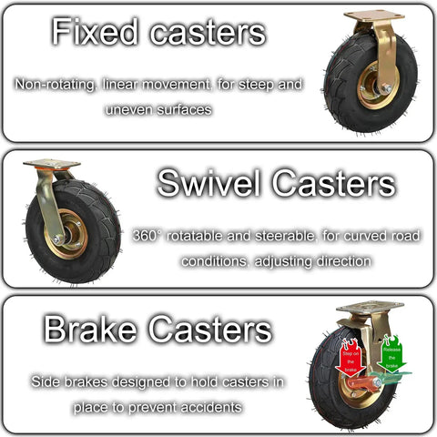 Heavy Duty Pneumatic Rubber Caster Wheels With Brakes Heavy Hitters 4 Pack featuring fixed, swivel, and brake casters for 880 lbs loads.