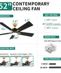 52 Inch Modern Black Gold Ceiling Fan With Led Light Remote And Smart App Control Smooth As Butter Quiet Motor Six Speeds Dimmable 3 Color Temperatures For A Chill Indoor Outdoor Vibe dimensions and mounting options