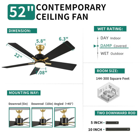 52 Inch Modern Black Gold Ceiling Fan With Led Light Remote And Smart App Control Smooth As Butter Quiet Motor Six Speeds Dimmable 3 Color Temperatures For A Chill Indoor Outdoor Vibe dimensions and mounting options