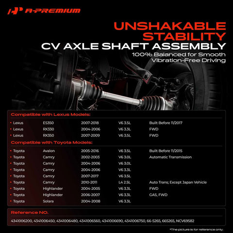 CV Drive Axle Shaft Assembly Front Right Passenger Side installed in Toyota Camry or Lexus ES350, showcasing stability and compatibility.