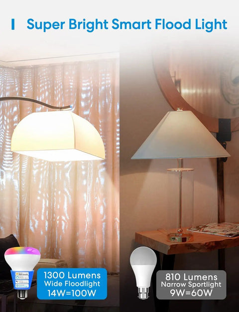 Comparison of Smart BR30 Flood WiFi LED Bulb RGBCW Multicolor Dimmable 1300 Lumen 100W Equivalent with standard bulb