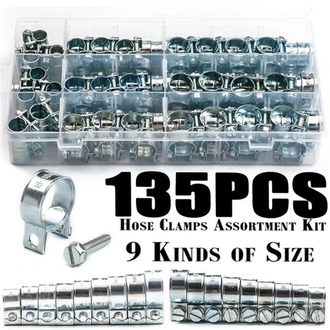 Ultimate 135Pcs Hose Clamp Set With Double Ear Worm Drive Design For Fuel And Water Pipes Ranging From 8MM To 18mm Perfect For Any Auto Or Home Repair Gig., 135pcs stainless steel hose clamps in storage case, 9 sizes