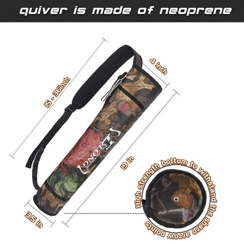 Adjustable Back Archery Quiver Holder For Compound And Recurve Bows, neoprene material, camo design, dimensions shown