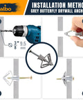 Installation steps of the Knockout Drywall Anchor Kit With Screws for Hollow Walls showing grey butterfly anchors and tools.