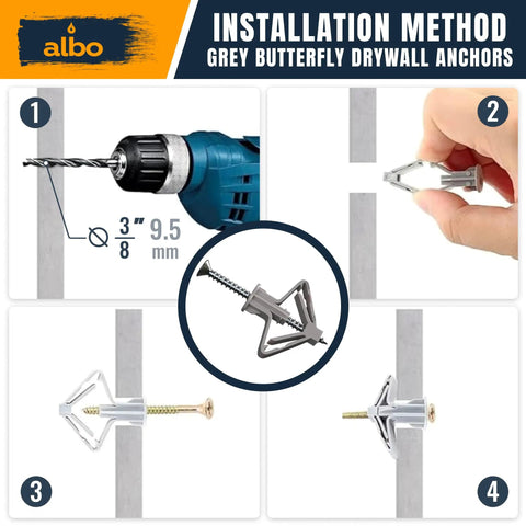 Installation steps of the Knockout Drywall Anchor Kit With Screws for Hollow Walls showing grey butterfly anchors and tools.