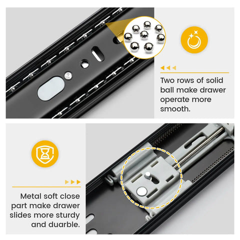 Close-up of 22 Inch Black Soft Close Drawer Slides 20 Pack showing ball bearings and soft-close mechanism for kitchen cabinets.