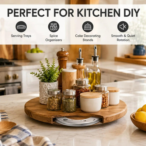 Built Tough Lazy Susan Hardware Six Pack, 9 Inch Turntable Bearings featuring smooth rotation, spice jars, and decorative items.