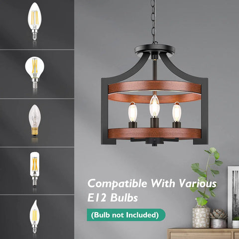 3 Light Farmhouse Chandelier With Adjustable Height Pendant Or Convertible Semi Flush Mount, 14.5 Inch Rustic Ceiling Light Fixture shown with various E12 bulb compatibility.