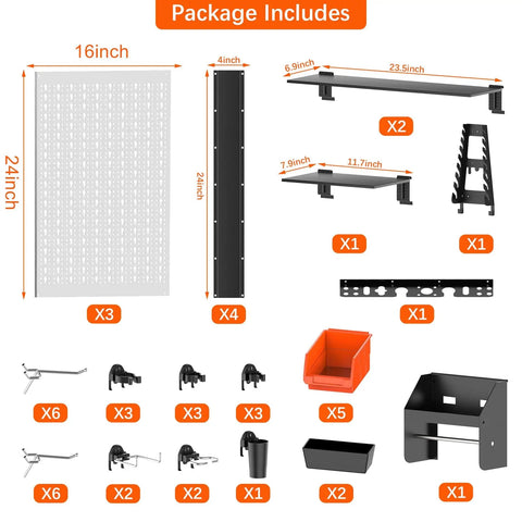 Pegboard Wall Organizer System For Garage And Workshop No Brainer 4 Ft Kit With hooks, bins, shelving, and mounting accessories