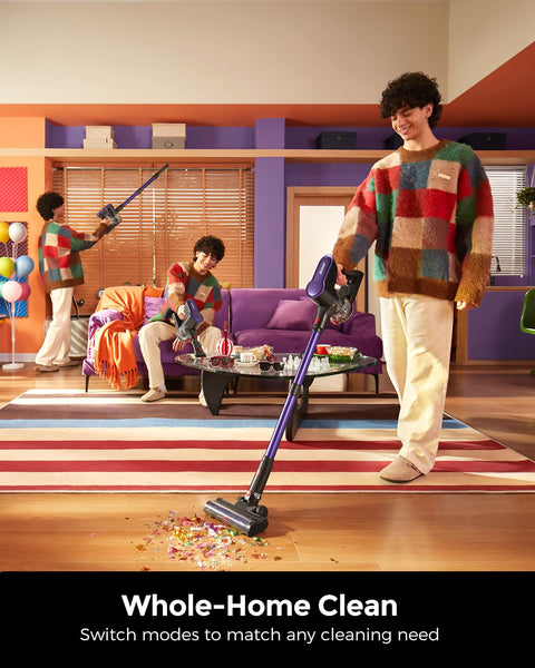 Person using Cordless Vacuum Cleaner With 500W Motor And 45KPa Suction, 50 Minute Run Time on colorful carpet