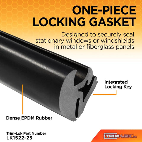 Beefy EPDM Dense Rubber Locking Window Gasket With Inline One Piece Locking System Fits One Quarter Inch Glass And One Sixteenth Inch Panel Edge 25 Foot Weather Stripping Seal For Vehicles Boats And Industrial Equipment shown with integrated locking key.