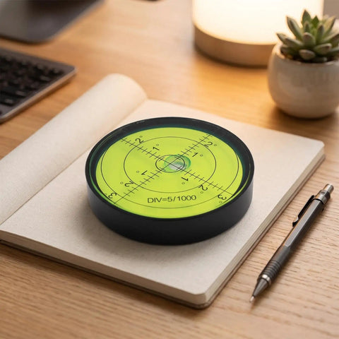 Qianly Bubble Level with Degree Markings Metal Circular Spirit Level Compact for Home Improvement Hobbyists, Turntable Alignment, Black Shell, Green Liquid, 60x12mm on a notebook.