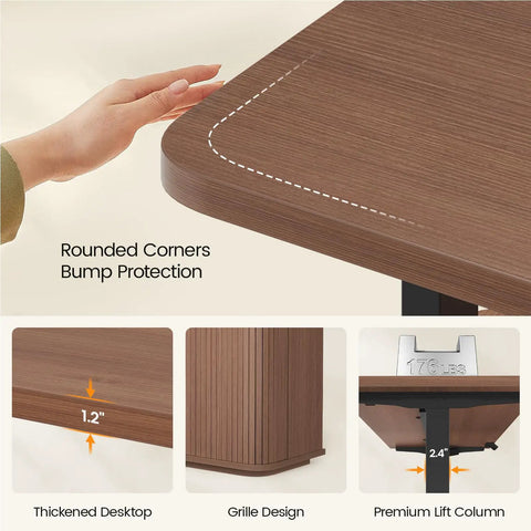 Hustle Ready L Shaped Electric Standing Desk Height Adjustable Executive Table With Walnut Finish showing rounded corner bump protection.