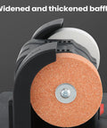 Close-up of widened and thickened baffle on Badass Bench Grinder And Electric Polisher With Lightning Quick Start Motor And Dual Sharpening Discs.