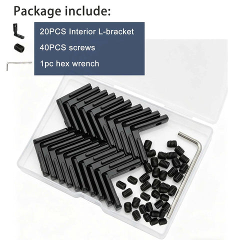 All In One 20 Piece Aluminum Extrusion L Bracket Kit shown with 20 brackets, 40 screws, and a wrench in storage box.