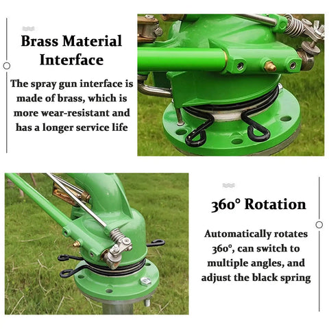Tripod Farm Irrigation Sprinkler With Pressure Gauge 360 Degree Adjustable Spray Brass Material Interface on Grass