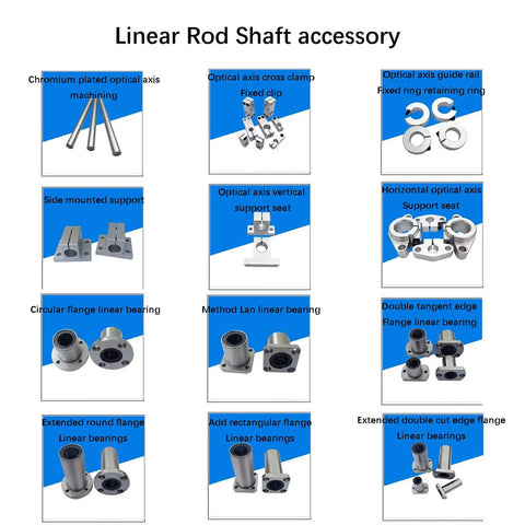 Image of various linear rod shaft accessories including chromium optical axes, clamps, flange bearings, and support seats.