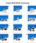 Image showcasing various linear rod shaft accessories and components for industrial machinery and CNC applications.