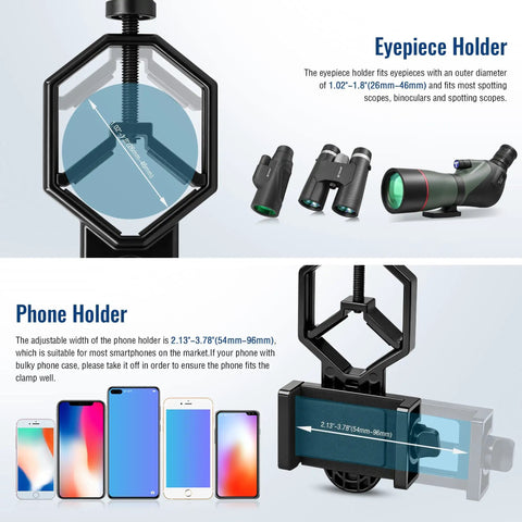 Smartphone Telescope Adapter Mount Universal Clip holds phones and fits telescopes, scopes; durable metal, 26-46 mm compatibility