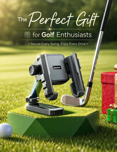 Double Fold Golf Cart Phone Holder Mount With 1 Second Lock Release Magnetic Caddy on golf course with club and ball.