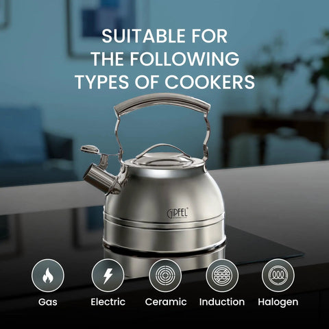 Whistling Tea Kettle For Stovetop 2.3 Quart Stainless Steel Teapot on kitchen counter, suitable for gas and induction.