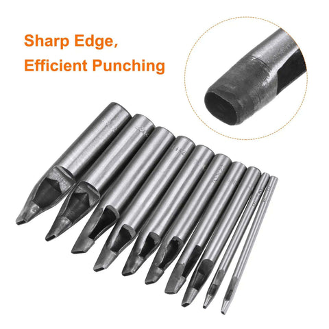 Steel leather hole punches set with close-up of sharp edge, featuring Leather Oval Hole Punch 6x5mm Belt Hole Puncher for crafting.